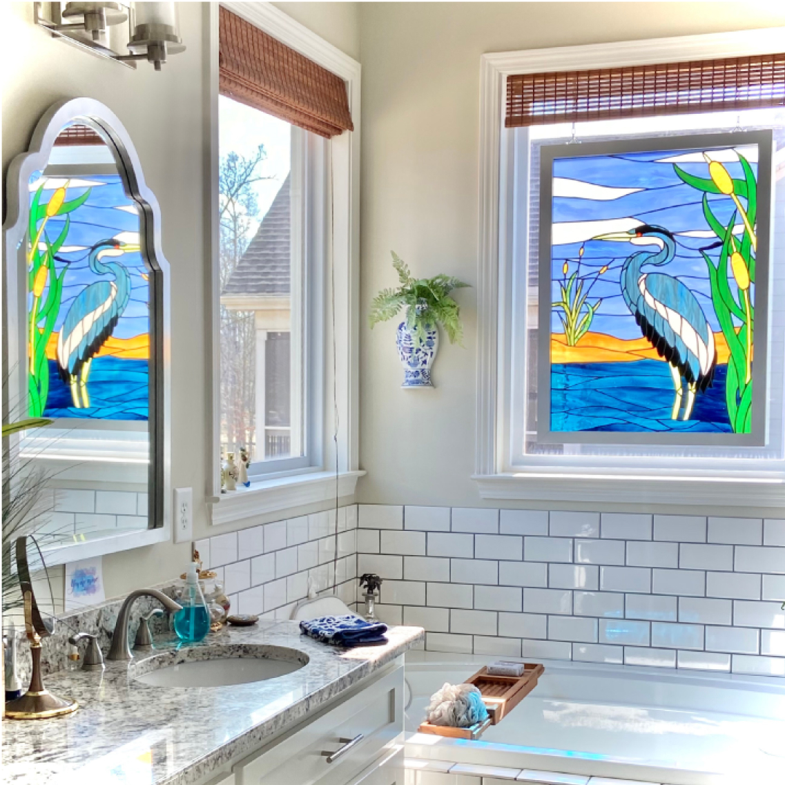 stained glass windows nature scene in a bathroom